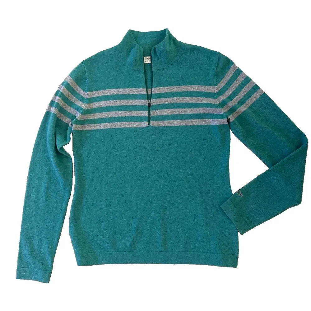 SKHOOP Merino Wool Blend 1/4 Zip Sweater Womens Sz M Teal Gray Mariner Striped